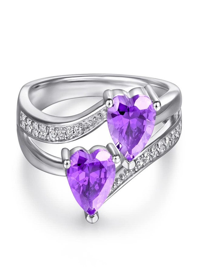 LVSHI Romantic 925 Sterling Silver Purple Amethyst Plated Promise Band Ring Wedding Purple Heart Cubic Zirconia Rings for Women (Size 6) (C2) - Image 1